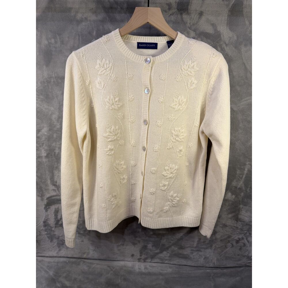 Karen Scott, White Floral & Beaded Cardigan - Womens Medium